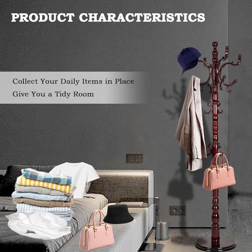 Free Standing Coat Rack with 14 Hooks and Natural Wood Base