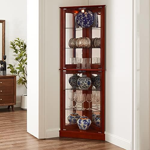 6 Shelves Corner Curio Cabinet with Lighting and Mirrored Back