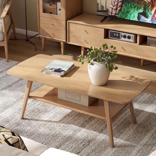 Wayshome Solid Oak Coffee Table 2-Tier with Shelf