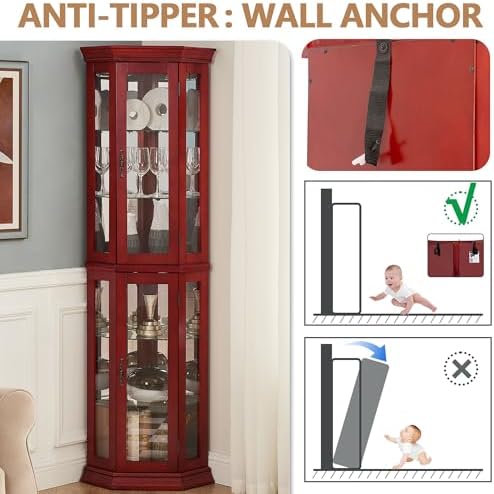 70 Inch Corner Curio Cabinet with LED Lights Cherry