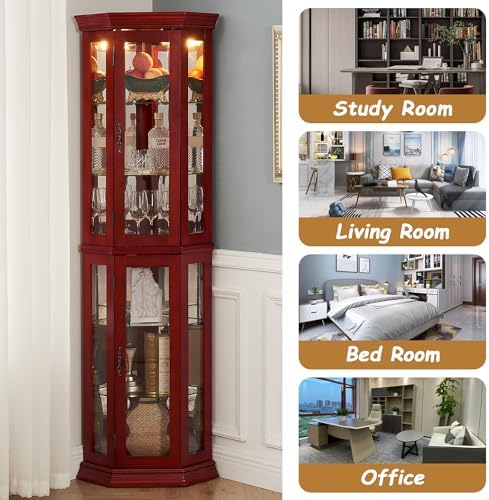 70 Inch Corner Curio Cabinet with LED Lights Cherry