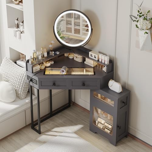 Modern Corner Vanity Desk with Mirror Lights and Storage