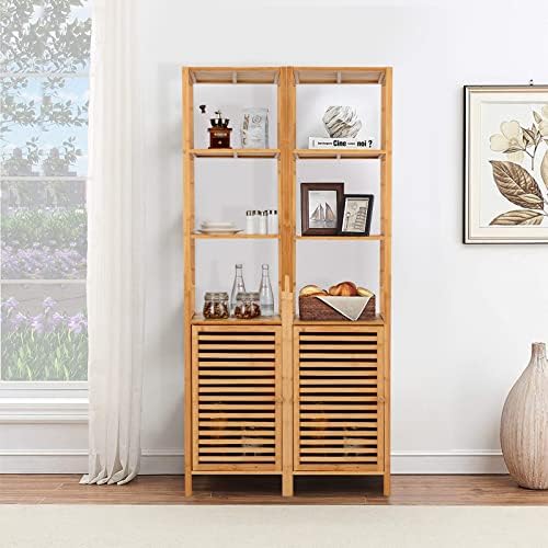 Giantex Bamboo Storage Cabinet 4-Tier Slim Shelving Unit with Shutter Door and Anti-Toppling Device