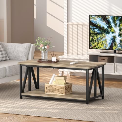 Modern Farmhouse Coffee Table with 2 Tier Storage and Round Edges