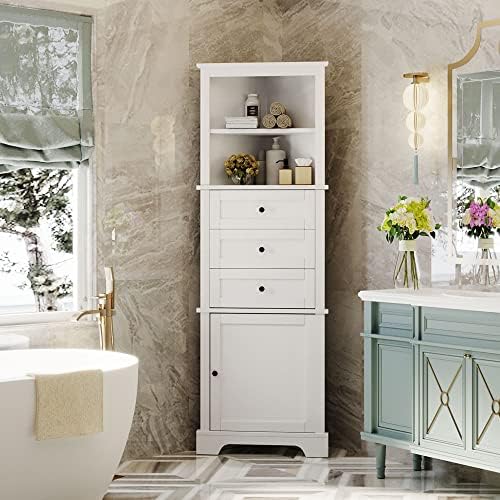 689 Inch Tall Triangle Corner Cabinet with 3 Drawers and Adjustable Shelf Freestanding Storage Cabinet White