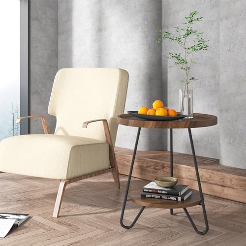 Tribesigns Round Side Table with Metal Legs 2-Tier End Table Modern Industrial Brown
