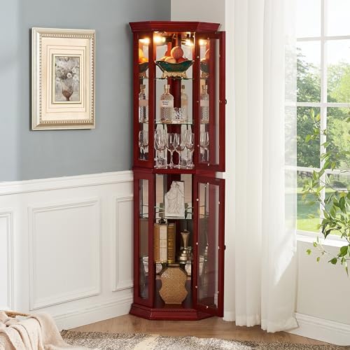 69 Inch Lighted Curio Cabinet with Tempered Glass Door and Adjustable Shelves
