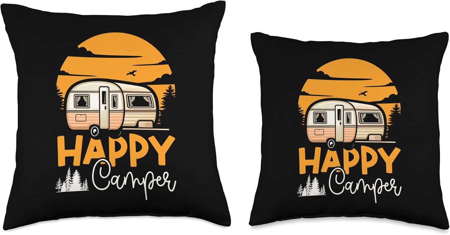 Motorhome Camping Throw Pillow with Happy Camper Design