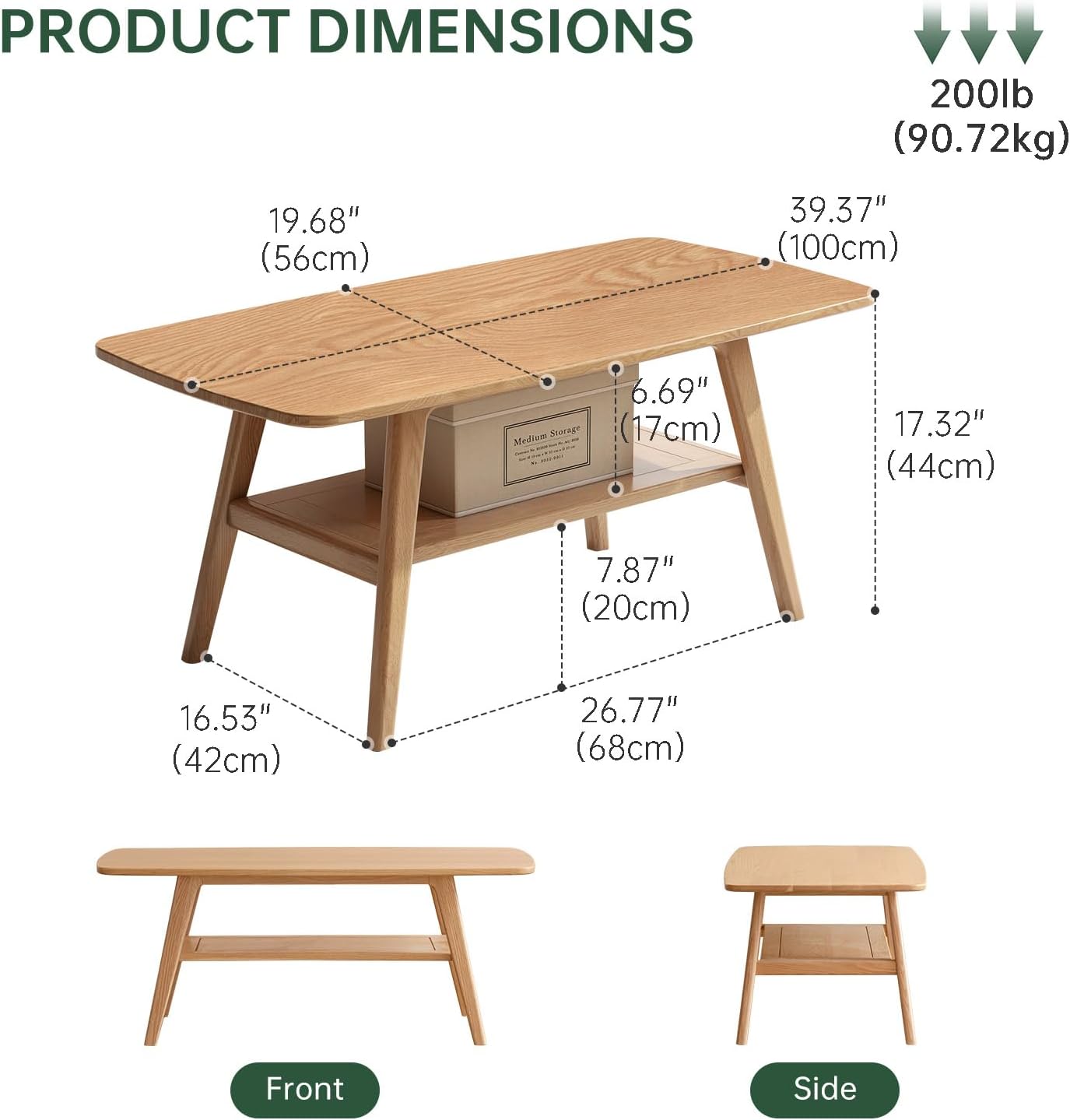 Wayshome Solid Oak Coffee Table 2-Tier Storage