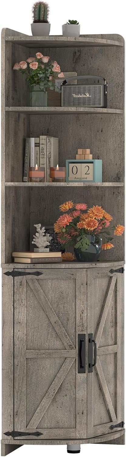 Halitaa Farmhouse Corner Cabinet with 6 Shelves and Barn Doors