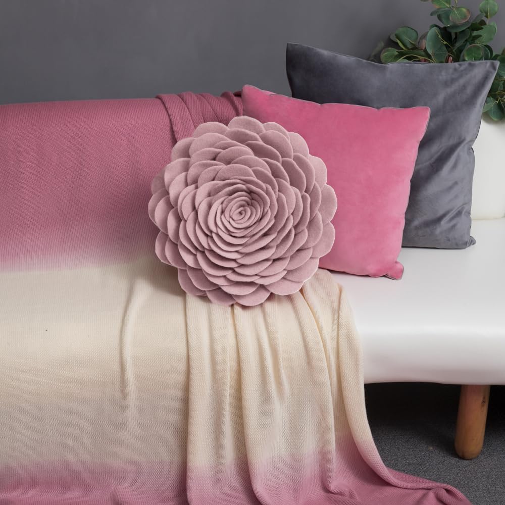 Handmade 3D Rose Throw Pillow 14 Inches Pink