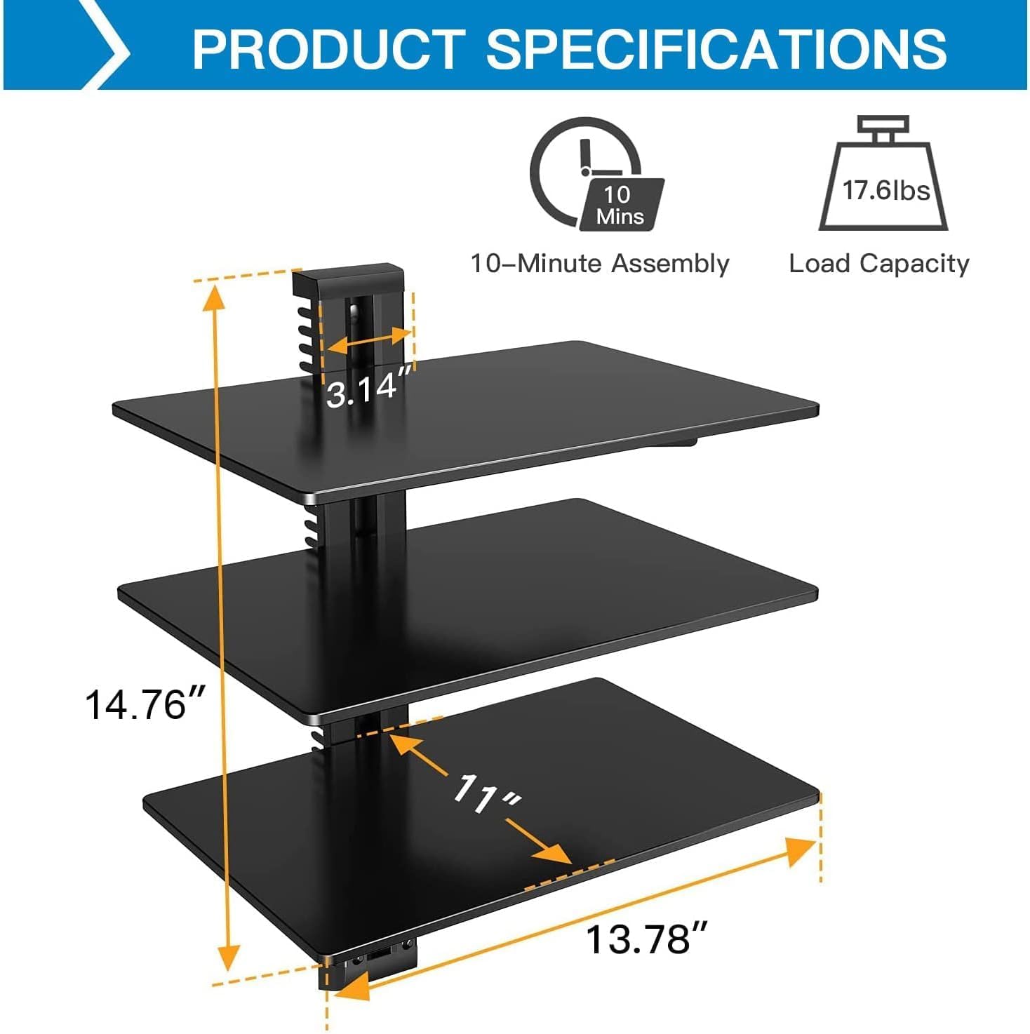 PERLESMITH Floating Wall Mount Shelf AV Mount - 165lbs Load Capacity