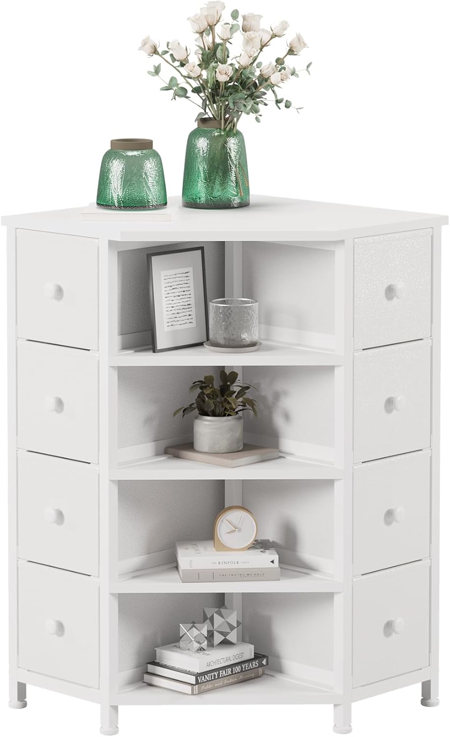 LUMTOK 8 Drawer Corner Dresser with Fabric and Open Shelves White