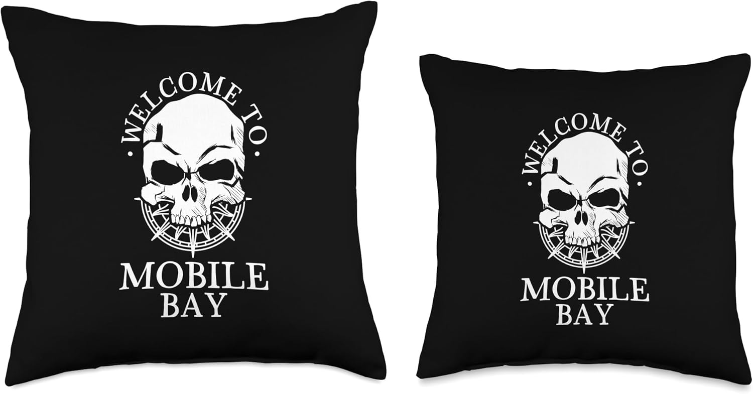 Welcome to Mobile Bay Throw Pillow with Skull Design