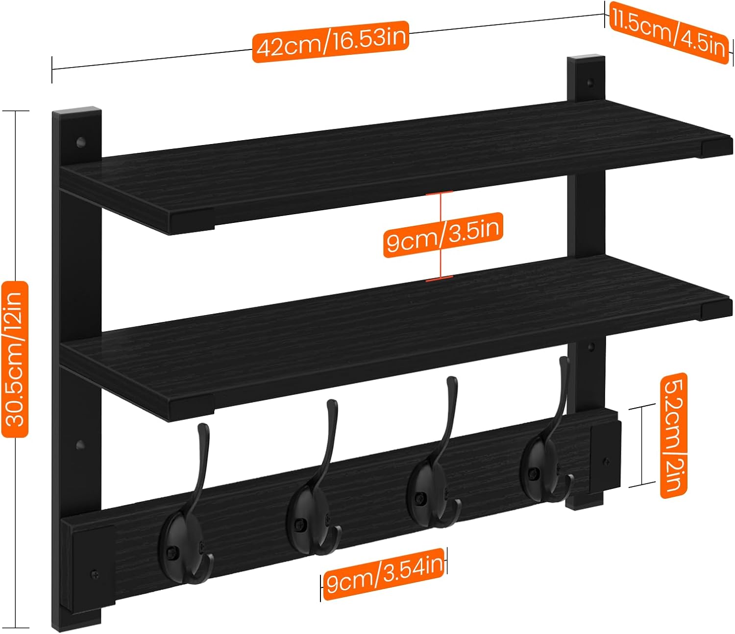 Homode 2 Tier Wall Shelf with Hooks Coat Rack