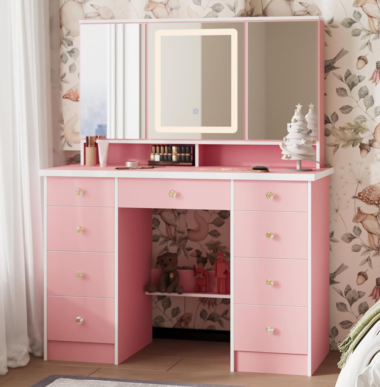 Timechee Vanity Mirror with 9 Drawers and 3 Color Lights
