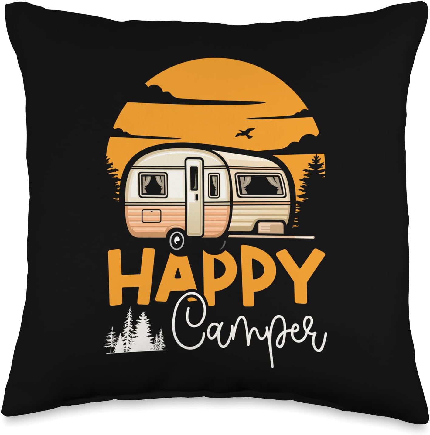 Motorhome Camping Throw Pillow with Happy Camper Design