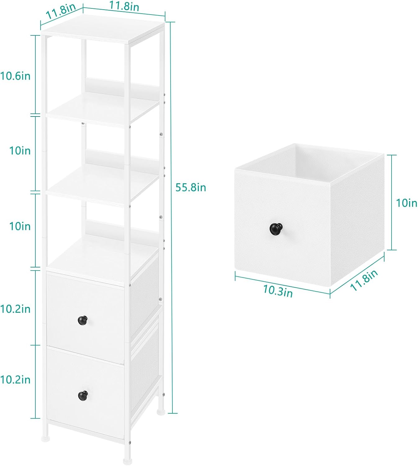 NOVIMANGO White Bathroom Storage Cabinet with 5-Tier Shelves and Fabric Drawers