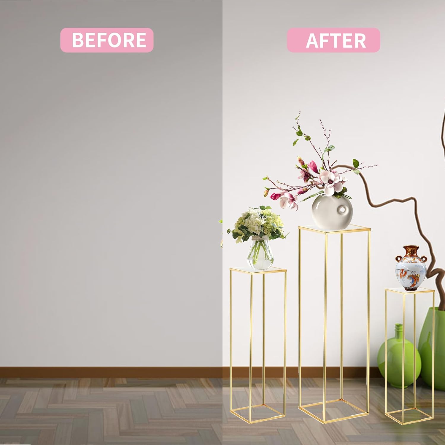 3PCS Square Gold Metal Cylinder Pedestal Stand for Party Decorations