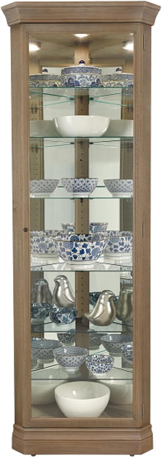 Howard Miller Glauber Corner Curio Cabinet II with Lockable Slide Door and Grey Finish