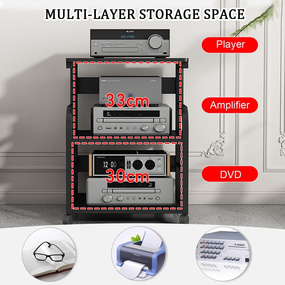 Nordivo Audio Rack Tower With Wheels 4 Tier Media Stand Corner Entertainment Cabinet Red H745cm29-B