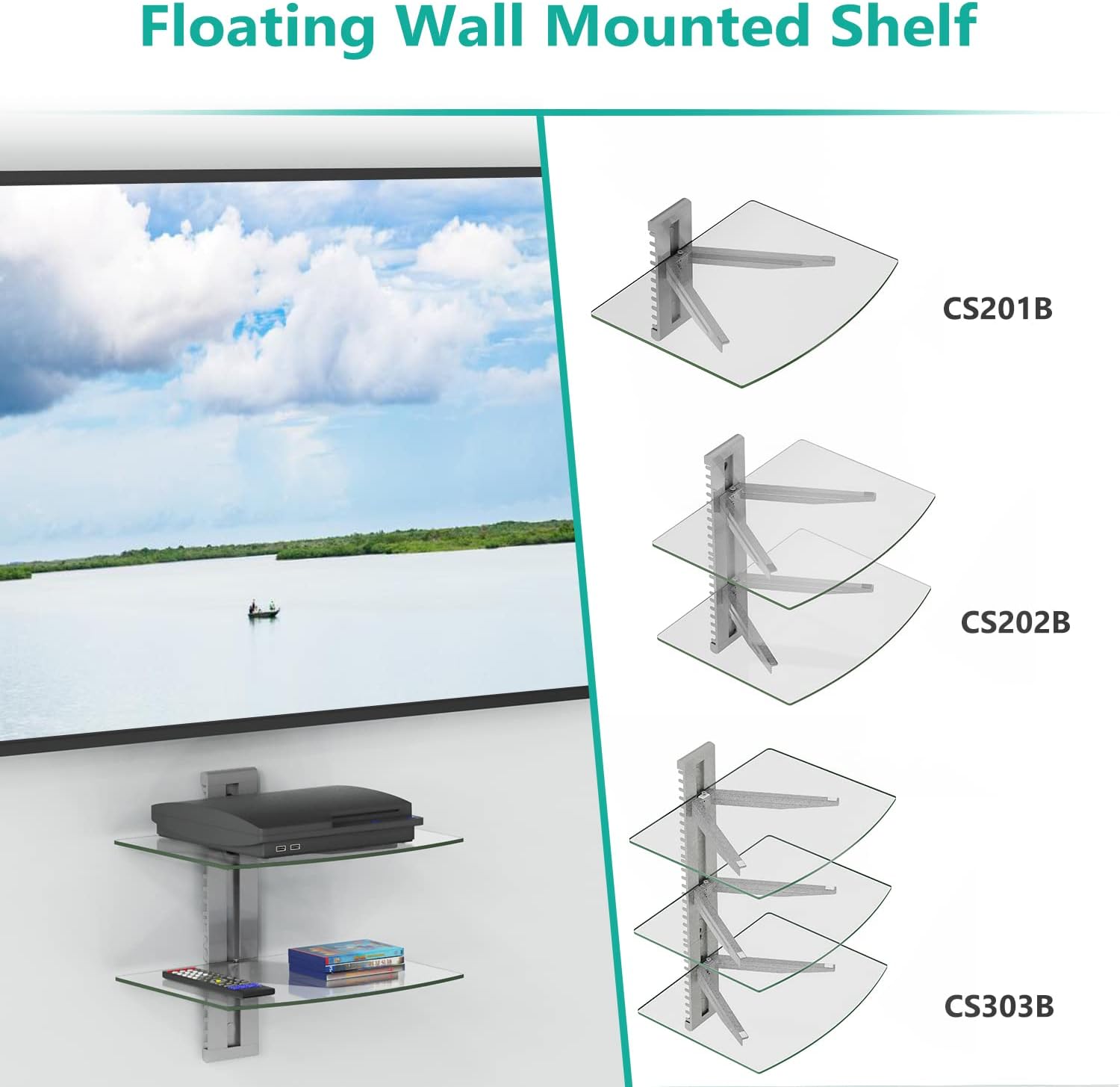 WALI Floating Entertainment Shelves 2-Tier 176lbs Weight Capacity Tempered Glass Silver