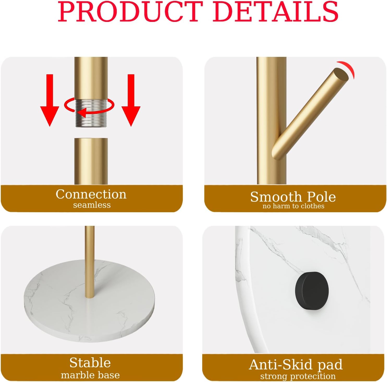 Gold Coat Rack Freestanding with Marble Base and 8 Hooks