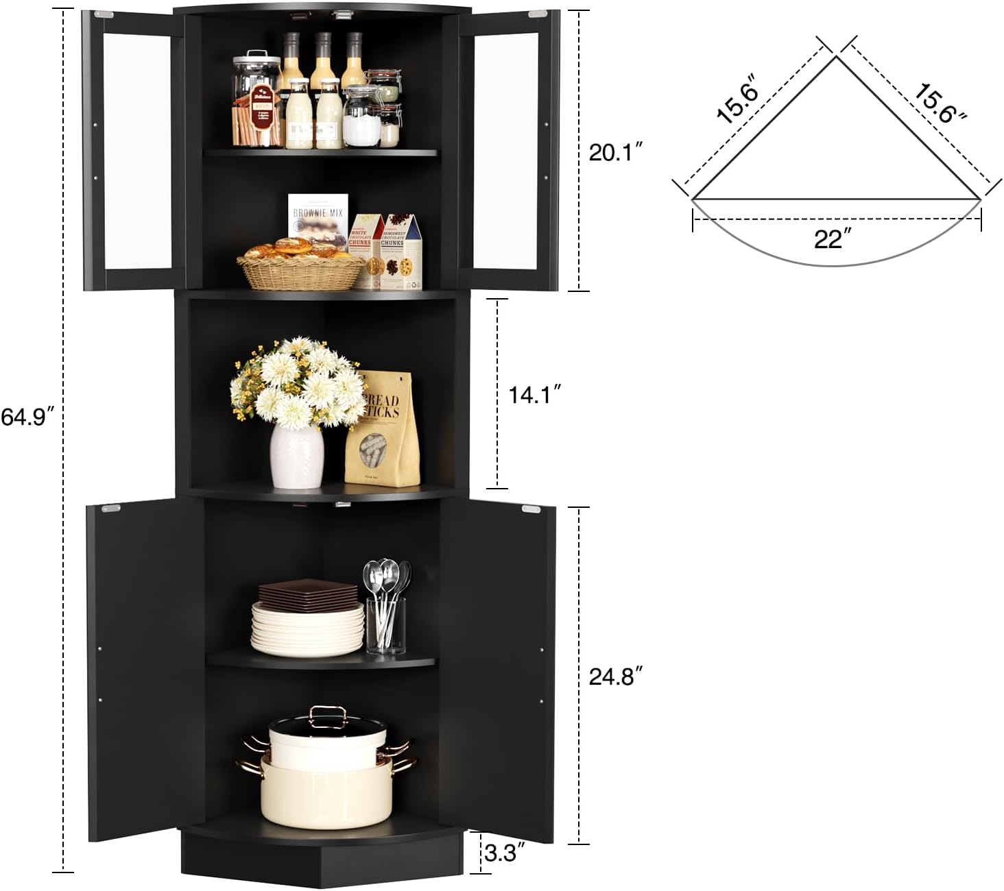 FiveWillowise 649 Tall Corner Cabinet with 5 Shelves Black