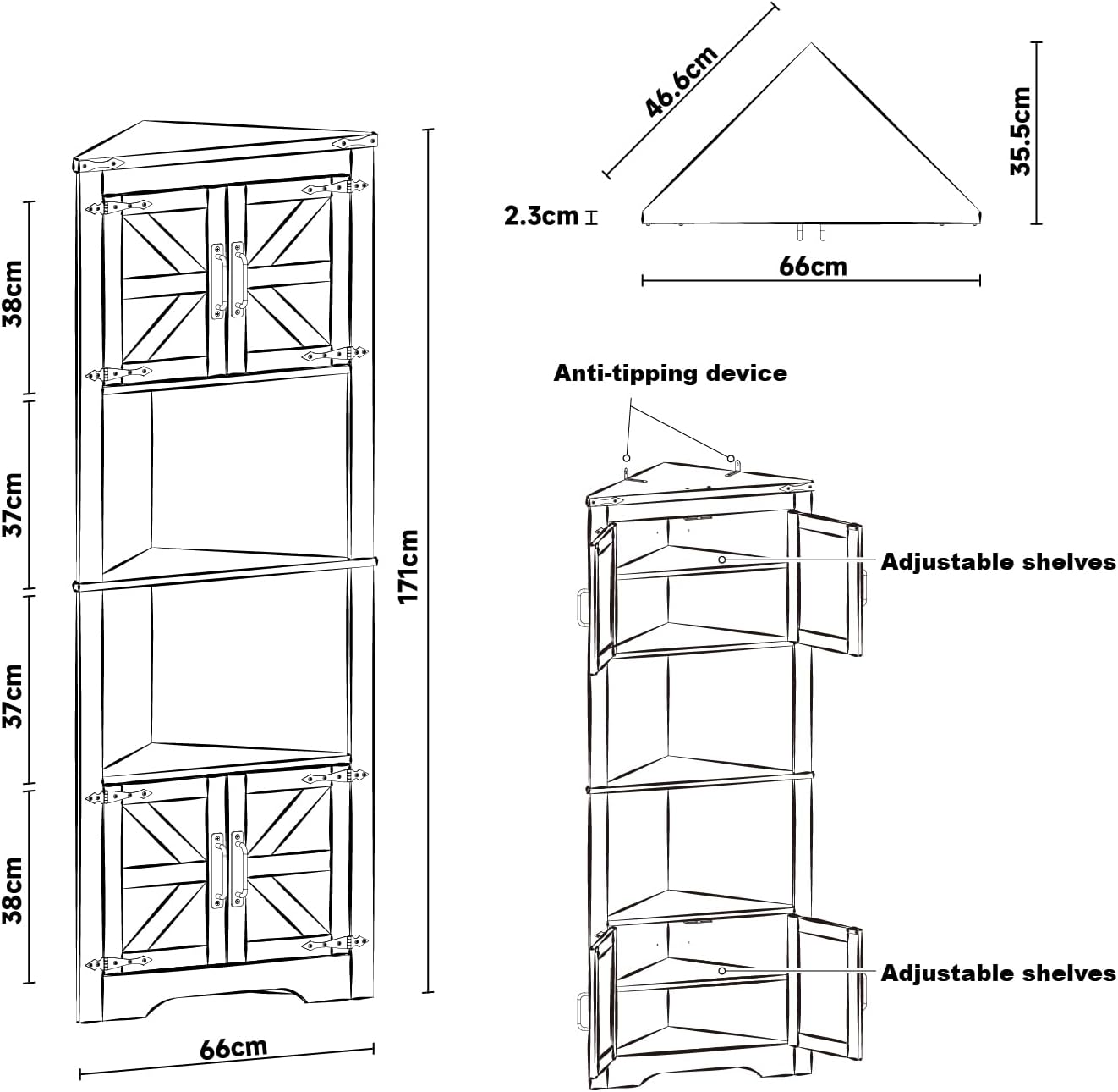 Panana Tall Corner Cabinet with Barn Doors and Adjustable Shelves Black