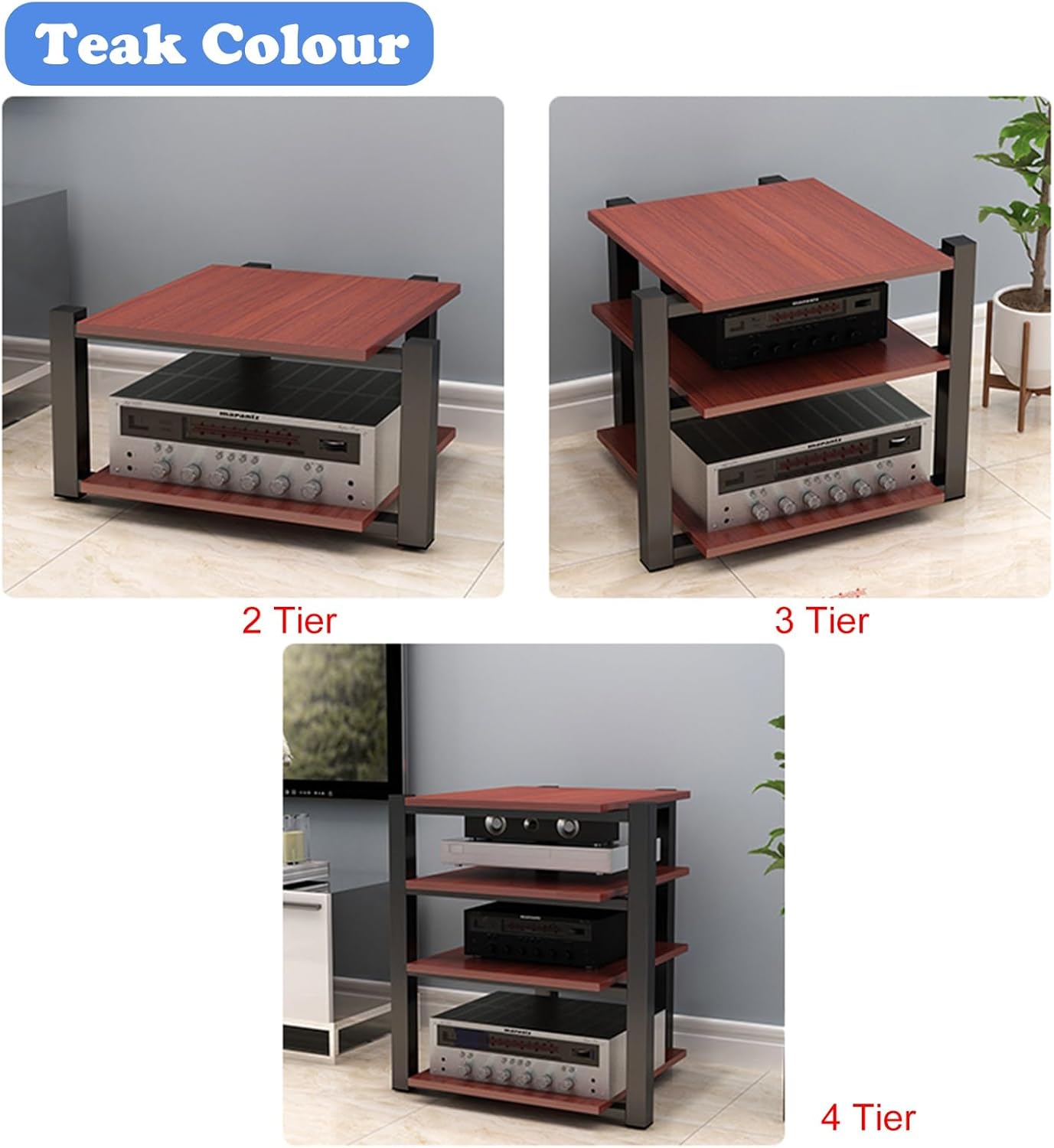 Teak Media Shelf 4 Tier Heavy Duty Audio Stand