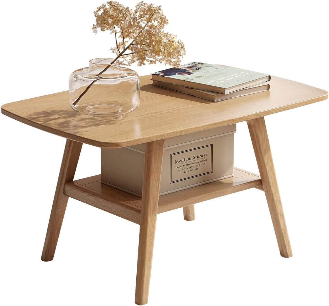 Wayshome Solid Oak Wood Coffee Table with Shelf Storage
