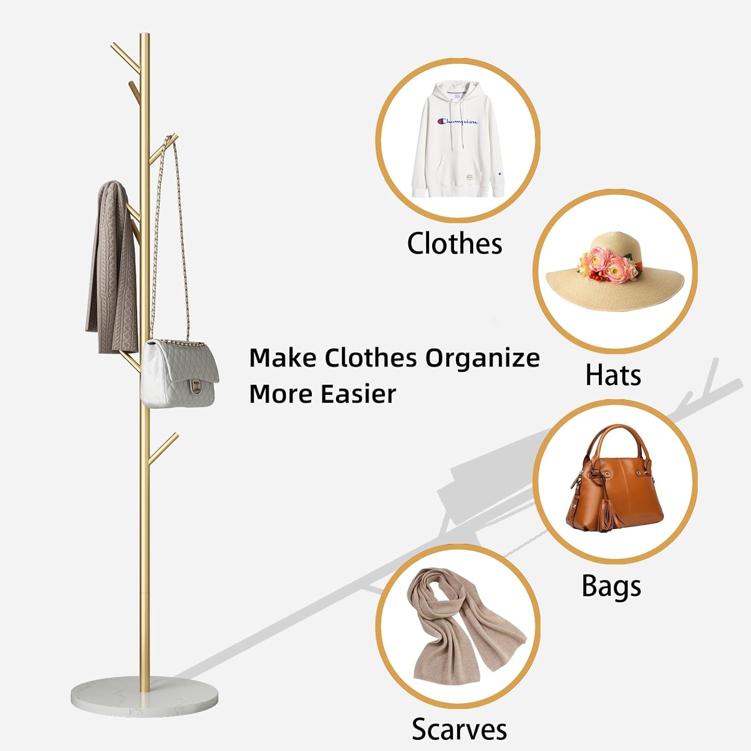 Gold Coat Rack Freestanding with Marble Base and 8 Hooks