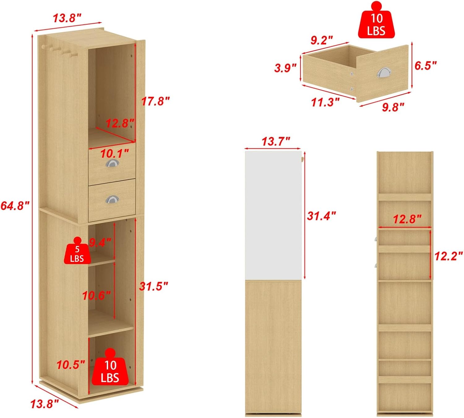 Rotating Storage Cabinet with Mirror Narrow Corner Bookshelf Entryway Organizer 4 Hooks 2 Drawers Beige 138x138x648
