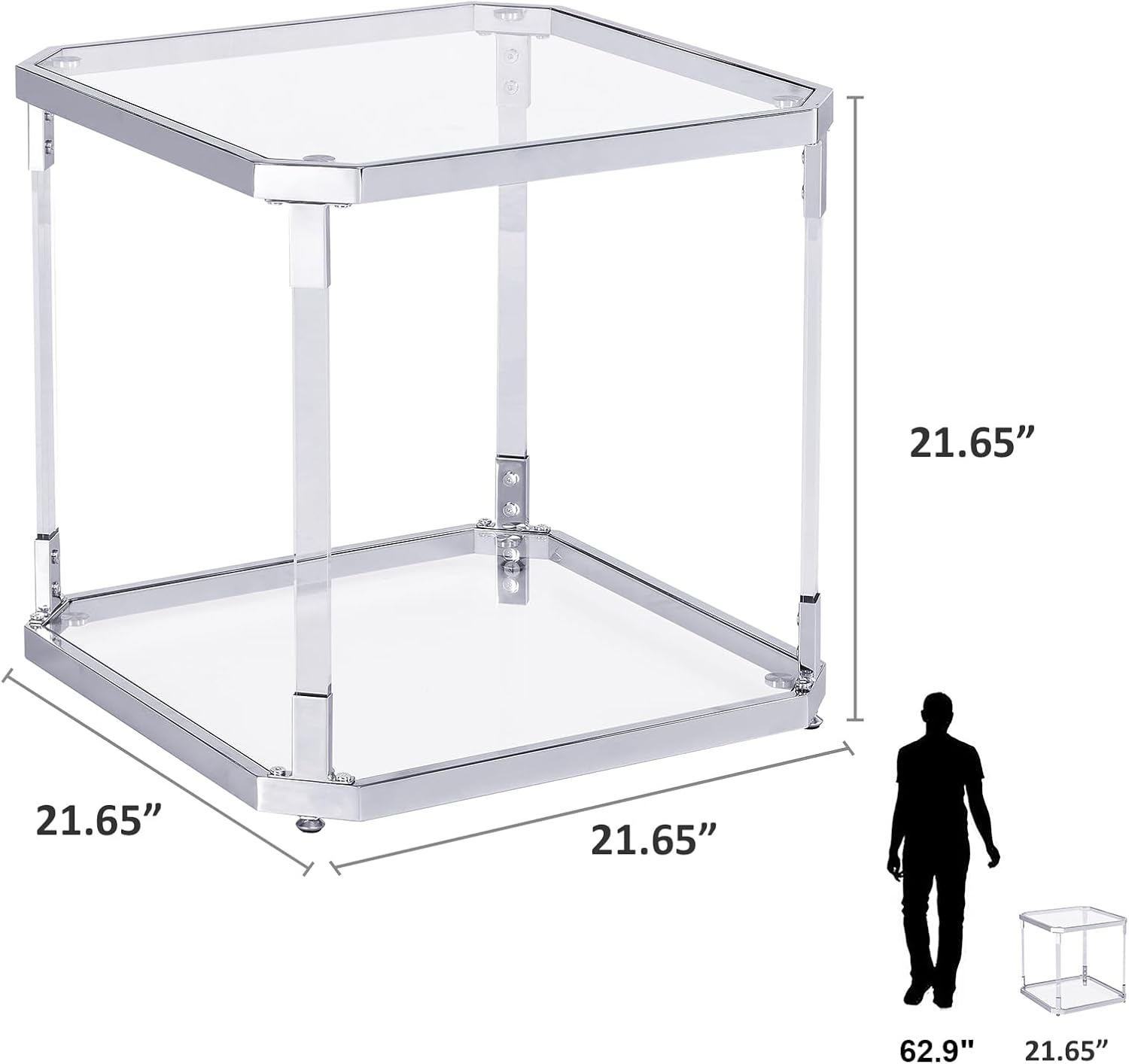 Silver Square Glass Top Side Table - Modern Nightstand for Living Room and Bedroom