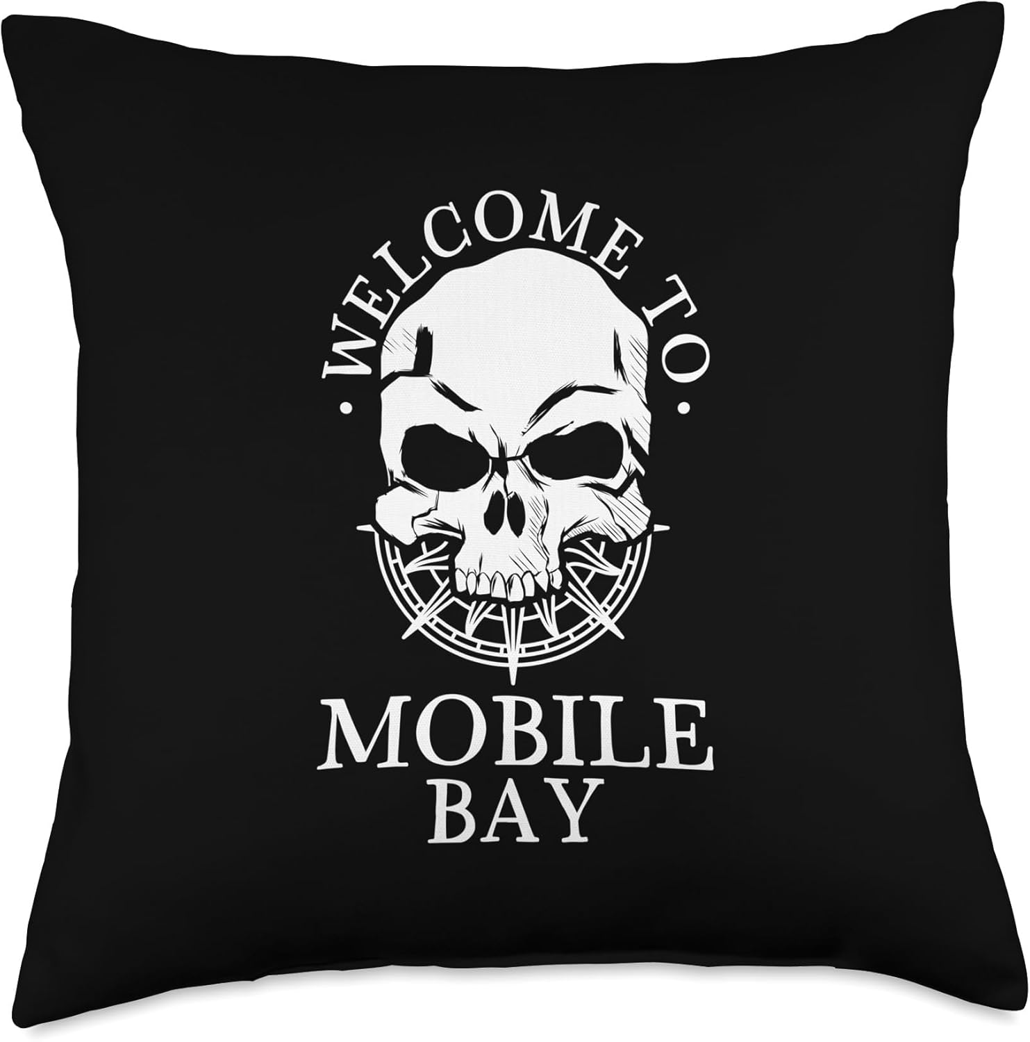 Welcome to Mobile Bay Throw Pillow with Skull Design