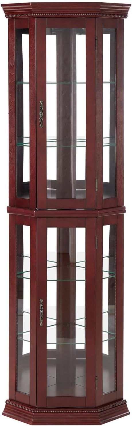 Cherry Lighted Corner Curio Cabinet with Glass Doors and 6 Shelves