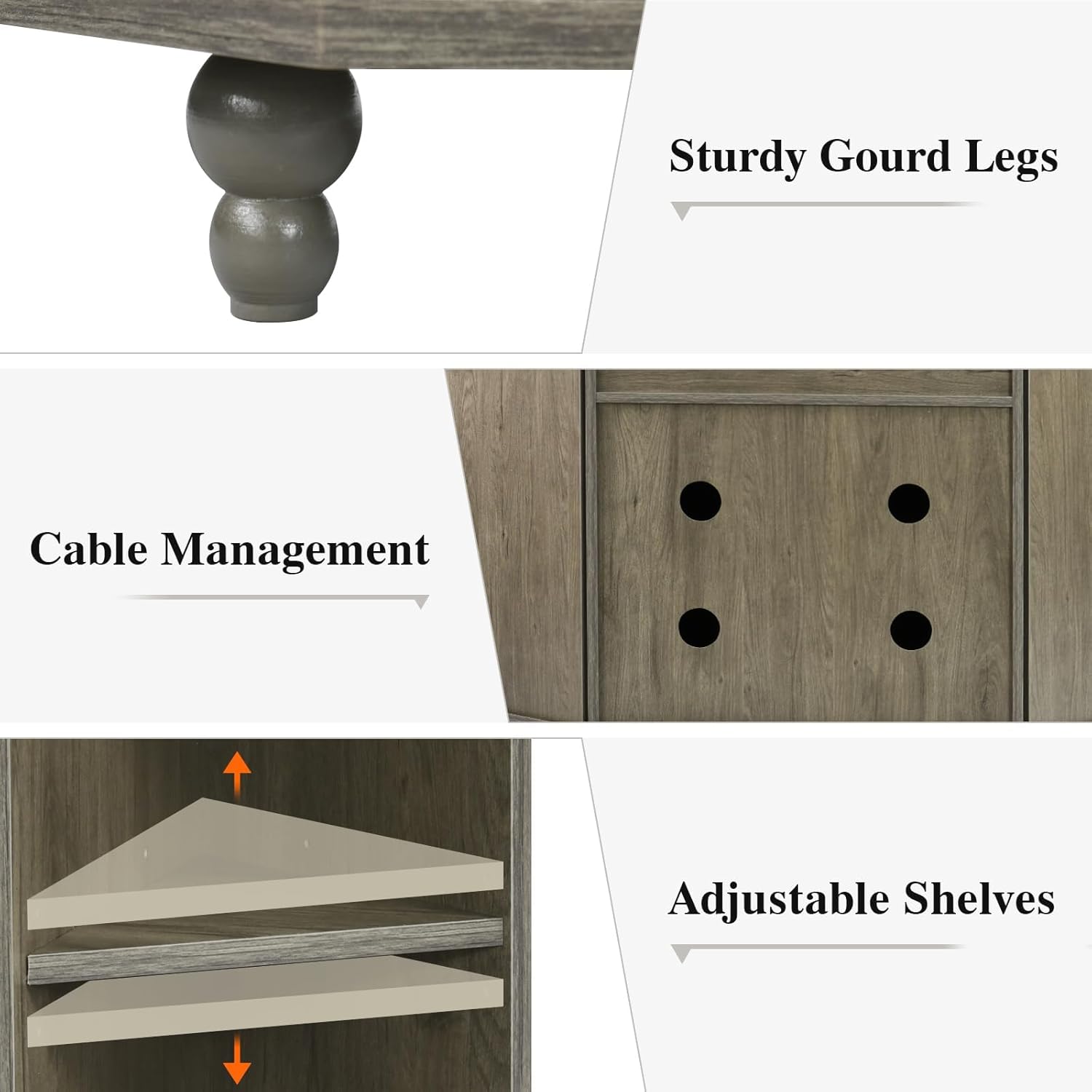 4 Ever Winner Corner TV Stand for 50 Inch TV Farmhouse Style with LED Light Open Storage Adjustable Shelves Grey