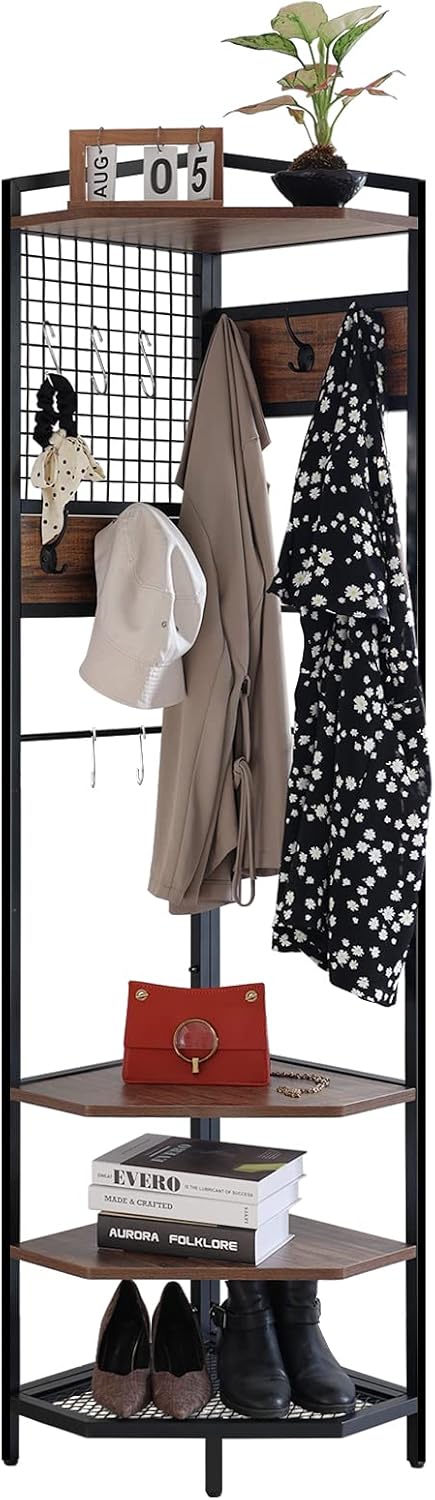 HIDODO Corner Hall Tree with Shoe Rack and Storage Shelf