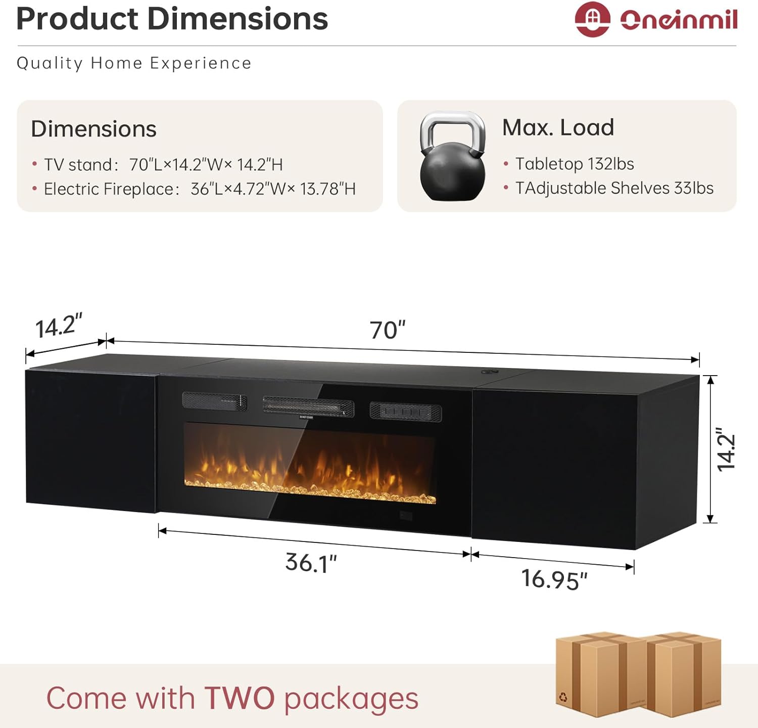 Oneinmil 70 Inch Floating TV Stand with Electric Fireplace