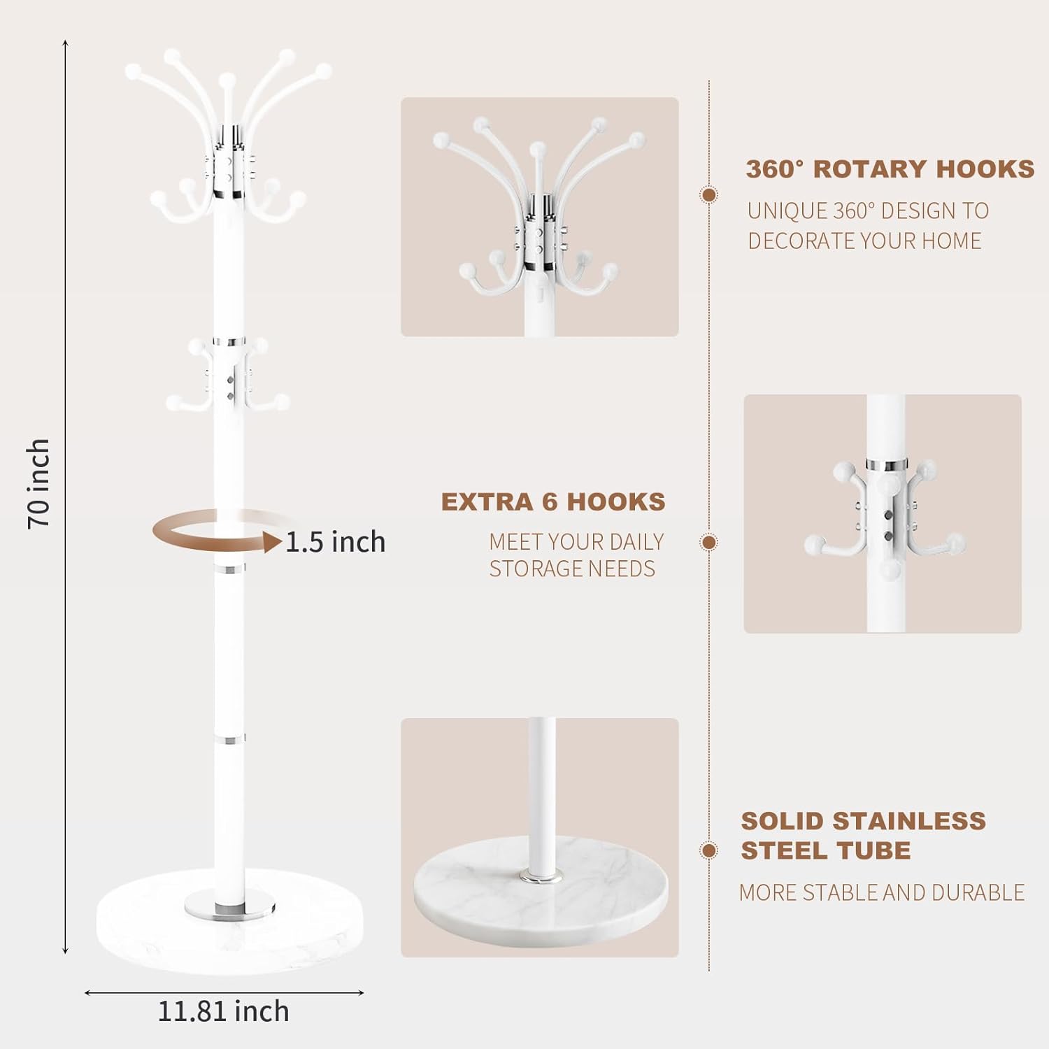 Modern Metal Coat Rack with 360 Rotary Design and Natural Marble Base