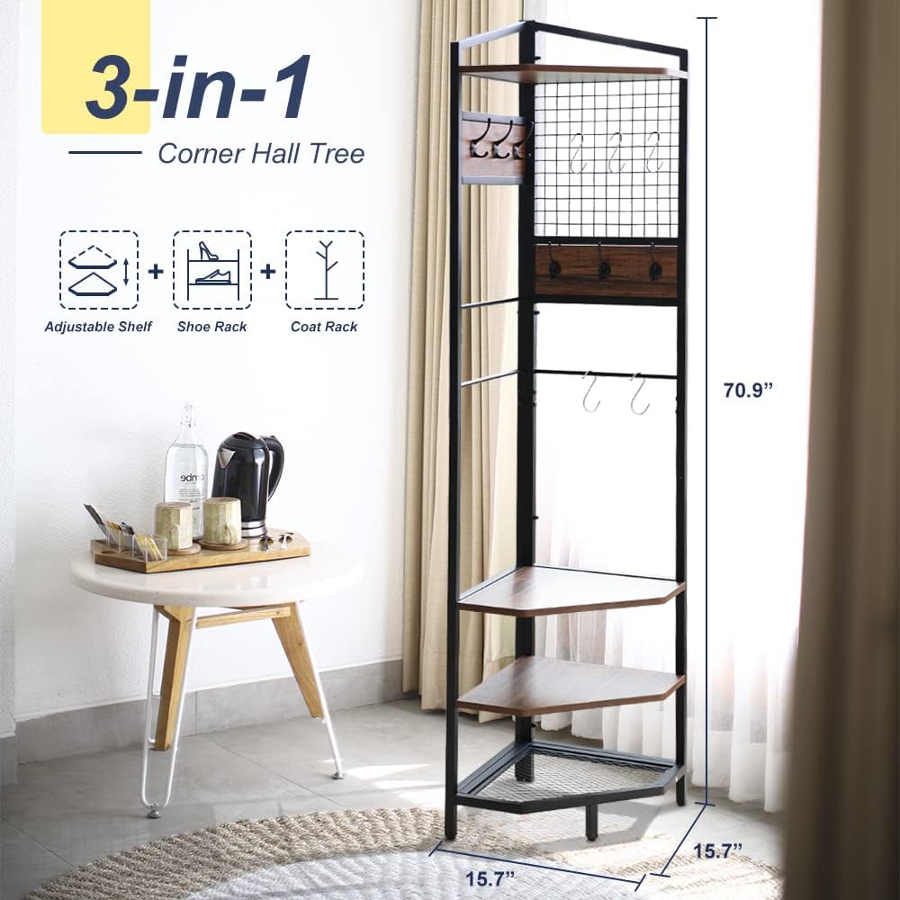 HIDODO Corner Hall Tree with Shoe Rack and Storage Shelf