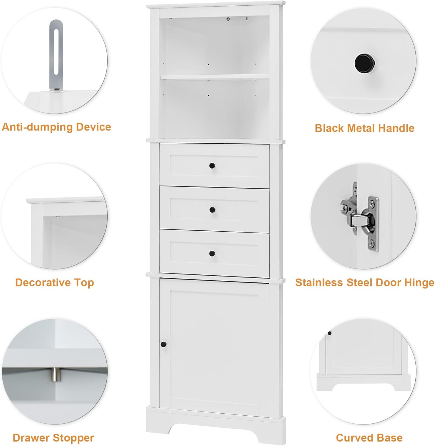 689 Inch Tall Triangle Corner Cabinet with 3 Drawers and Adjustable Shelf Freestanding Storage Cabinet White