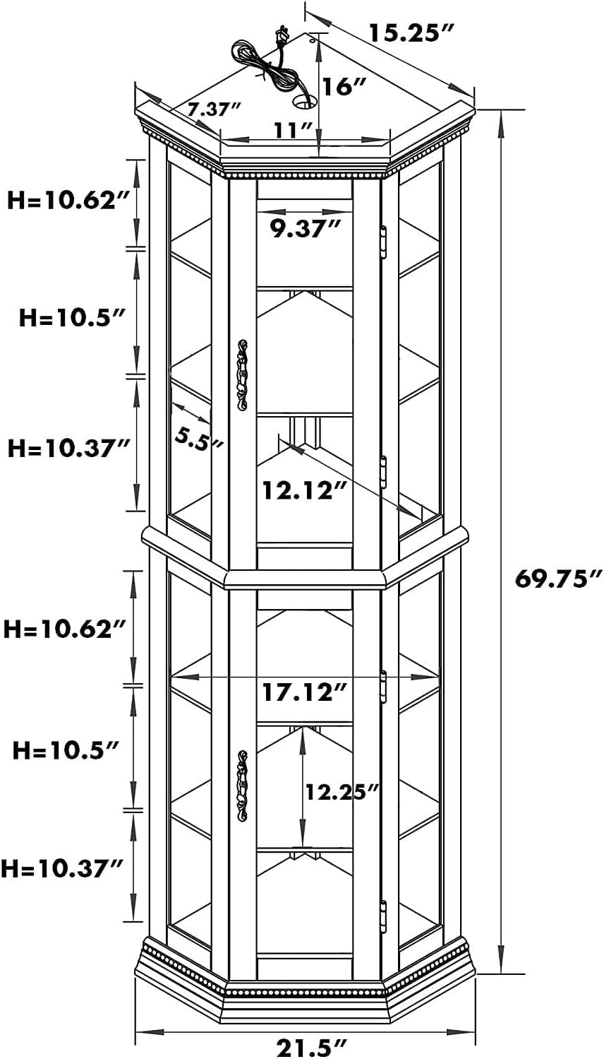 Cherry Lighted Corner Curio Cabinet with Glass Doors and 6 Shelves
