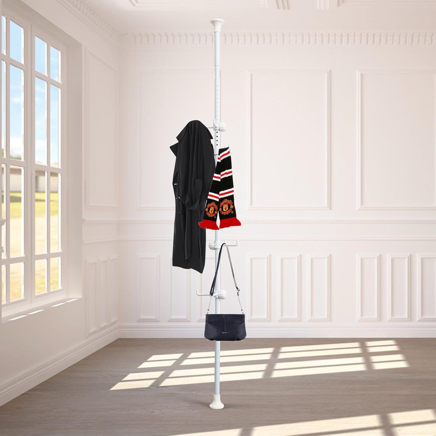 Freestanding Coat Rack with 12 Hooks and Adjustable Tension Rod White