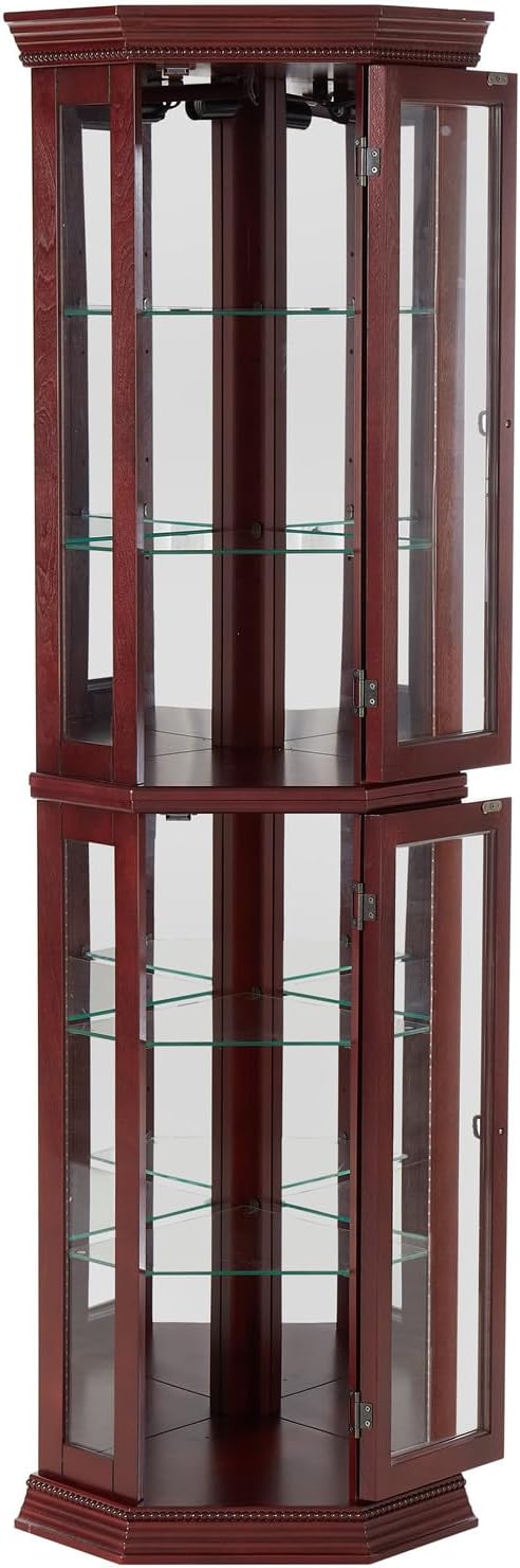 Cherry Lighted Corner Curio Cabinet with Glass Doors and 6 Shelves