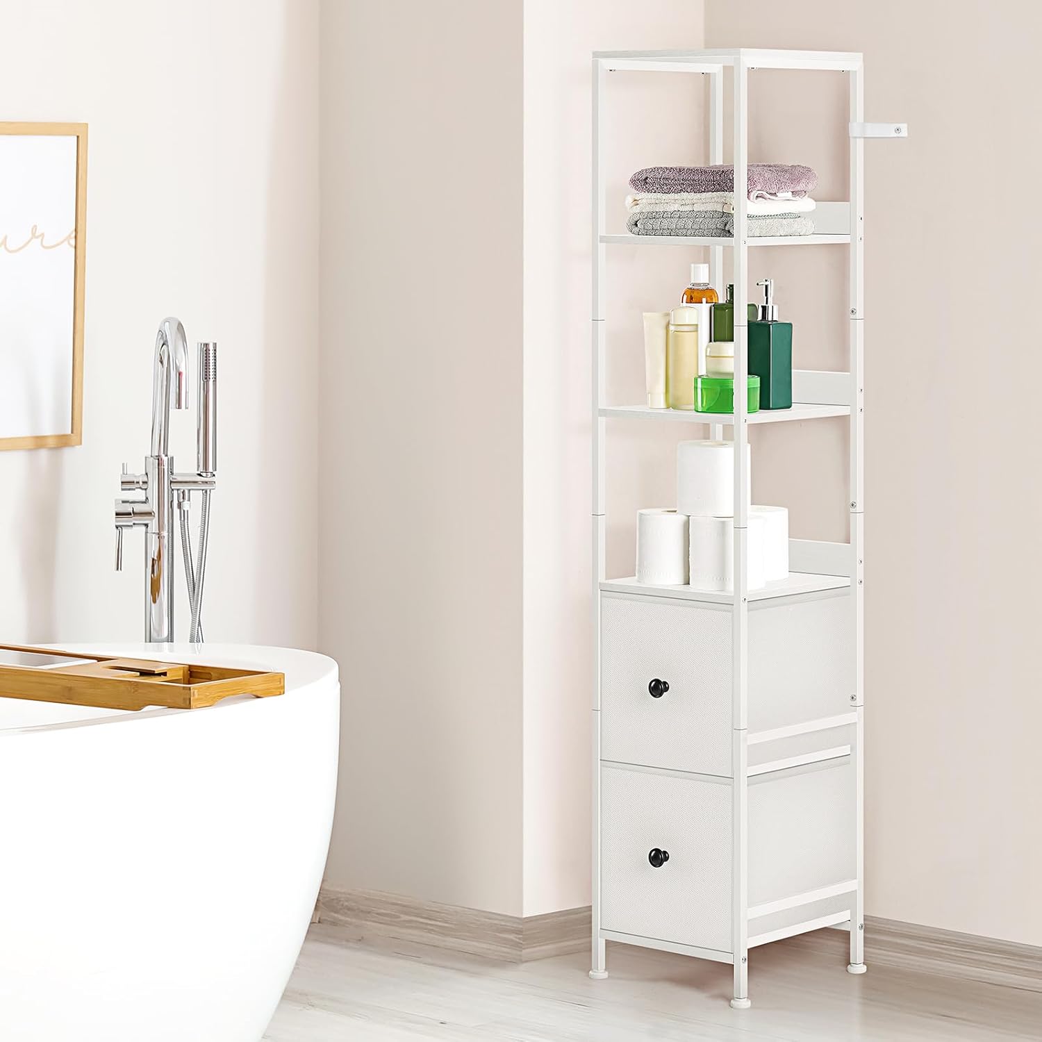 NOVIMANGO White Bathroom Storage Cabinet with 5-Tier Shelves and Fabric Drawers