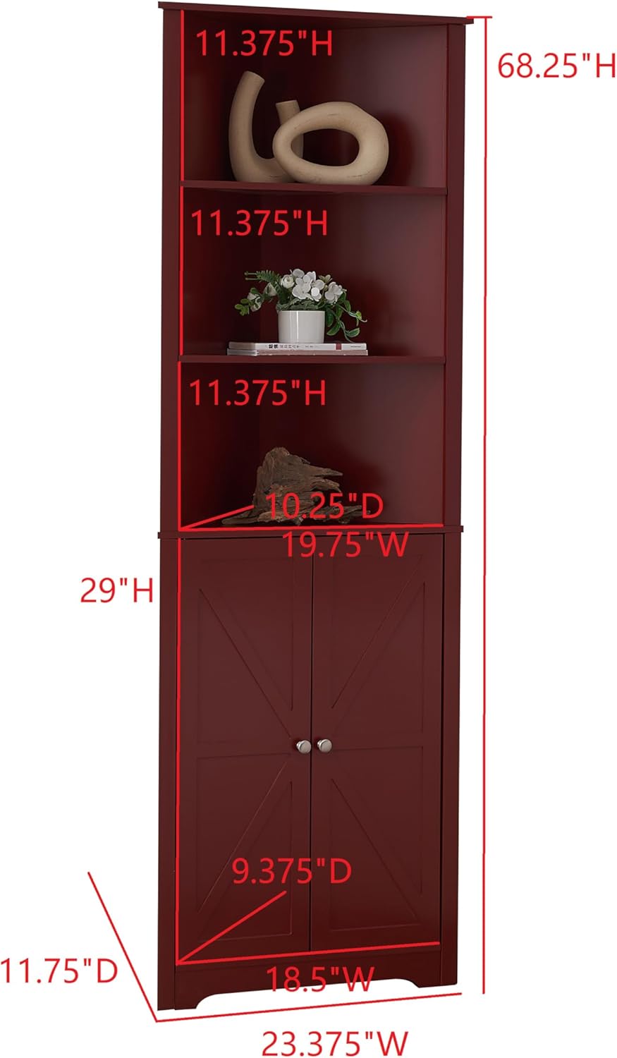 Kings Brand Tall Wooden Corner Cabinet with 2 Doors and 5 Shelves Red