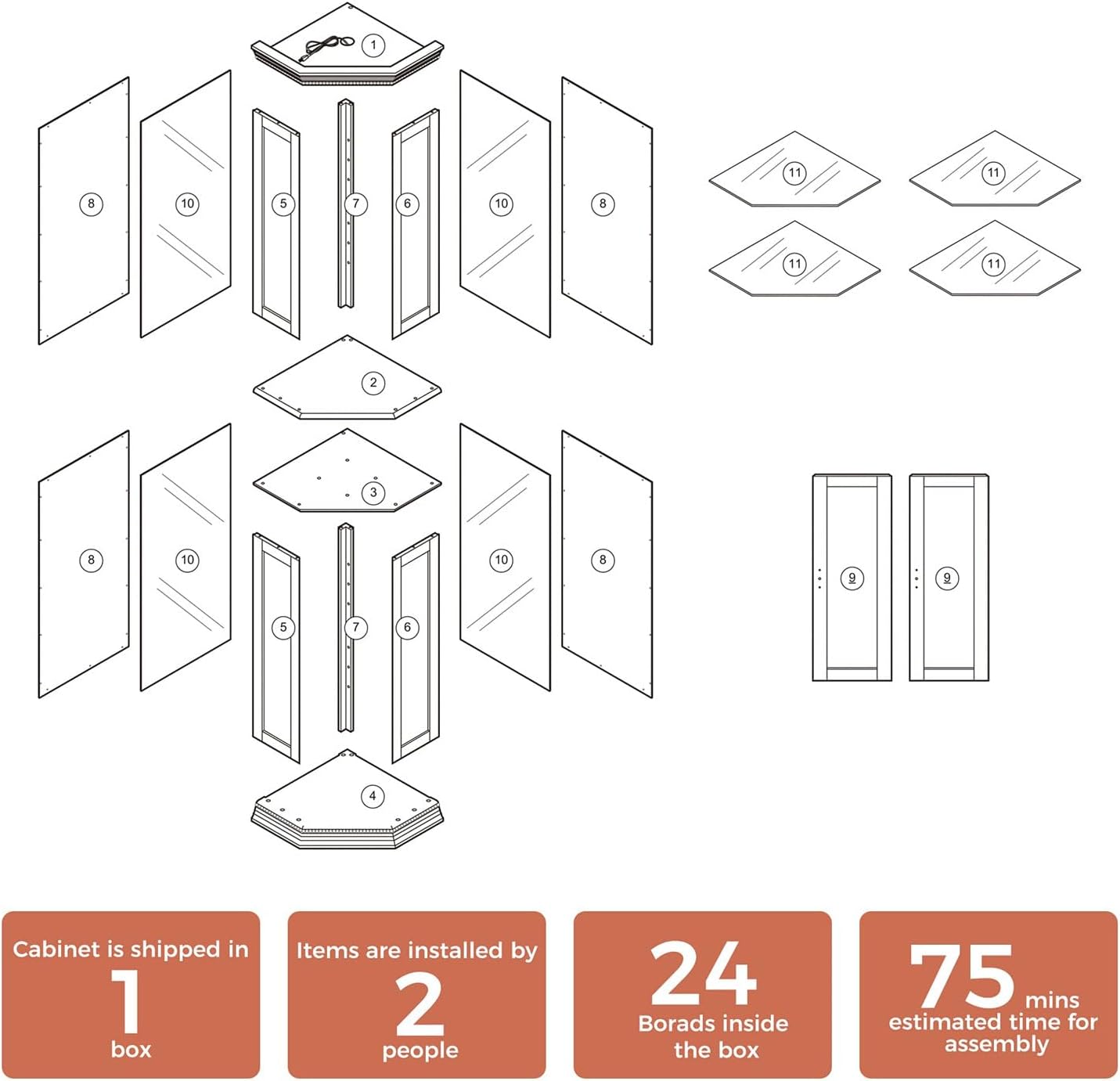 Cherry Lighted Corner Curio Cabinet with Glass Doors and 6 Shelves