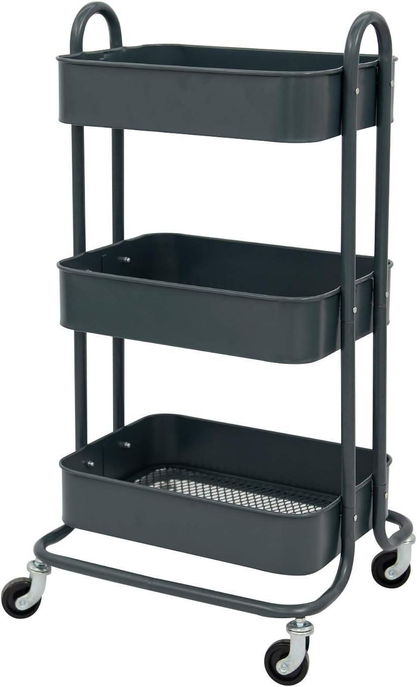 Wonline 3-Tier Metal Rolling Storage Cart with Locking Casters Grey