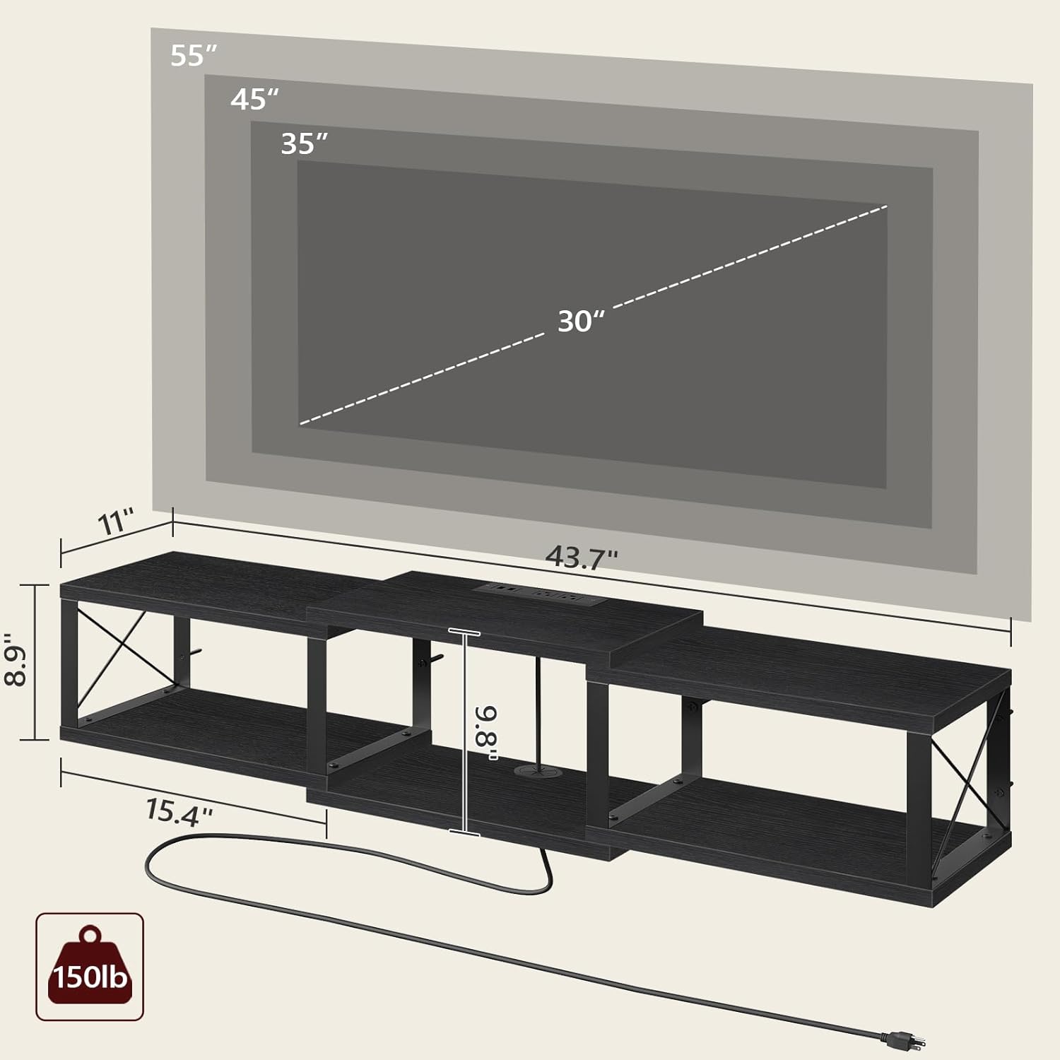 Floating TV Stand with Power Outlet and Storage